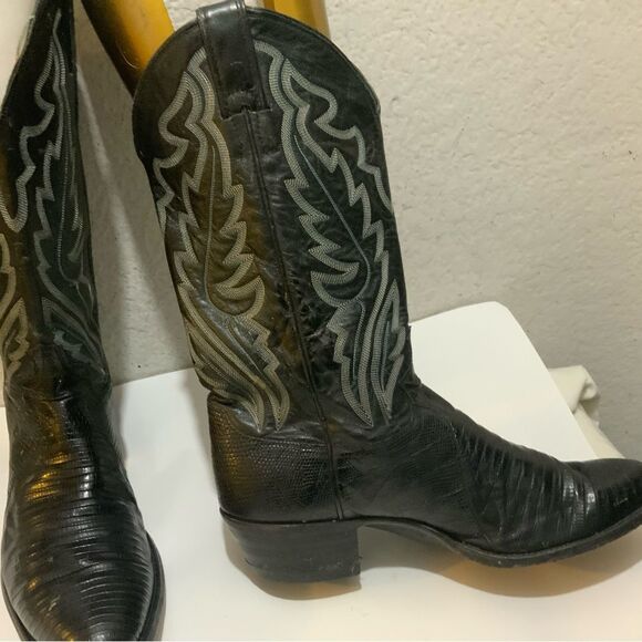Justin Lizard Skin Leather Cowboy Western Boots Men\'s 9.5 D Black USA 8313 main image 6